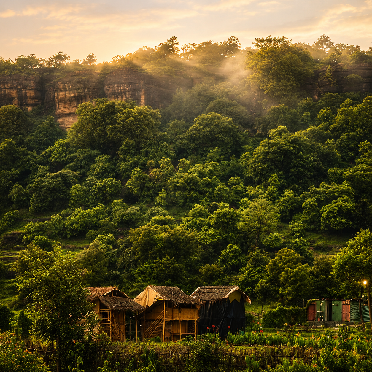 Sunlit forest and rustic huts at DERA CAMP by Aaranya near Bhopal