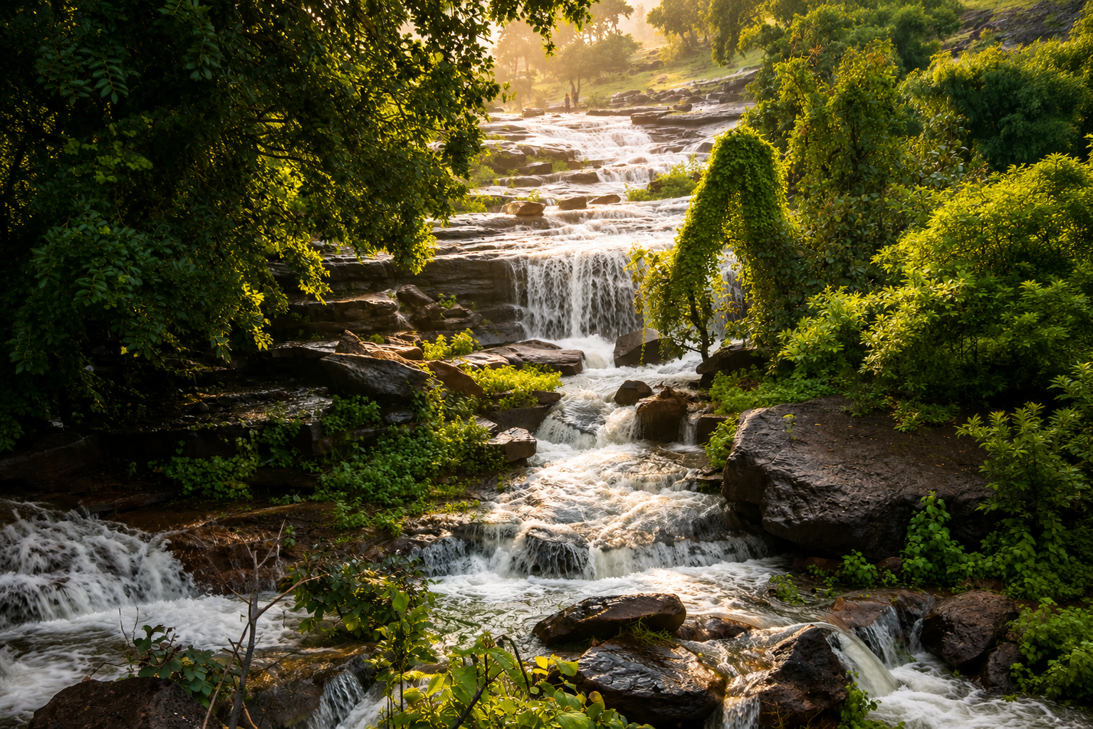 Waterfall and lush green forest trail near DERA CAMP by Aaranya