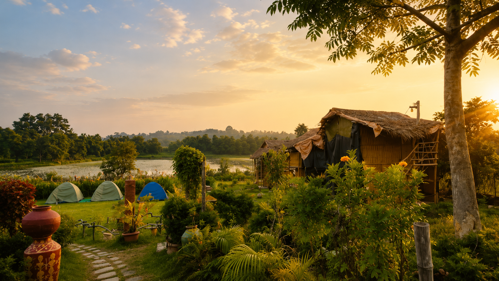 Tents, gardens and hut stay beside a lake at DERA CAMP by Aaranya