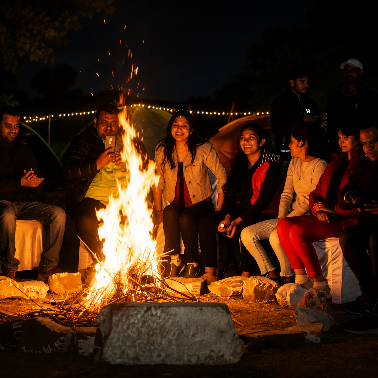Campfire evening under open sky