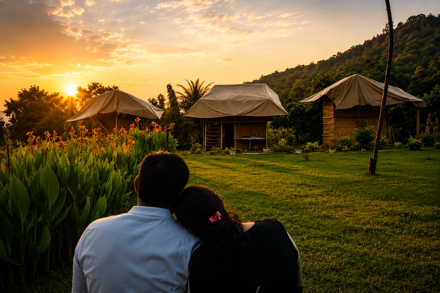 Couple watching sunset over eco huts and gardens at DERA CAMP by Aaranya