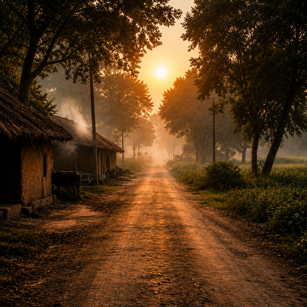 Rural village path and natural landscape